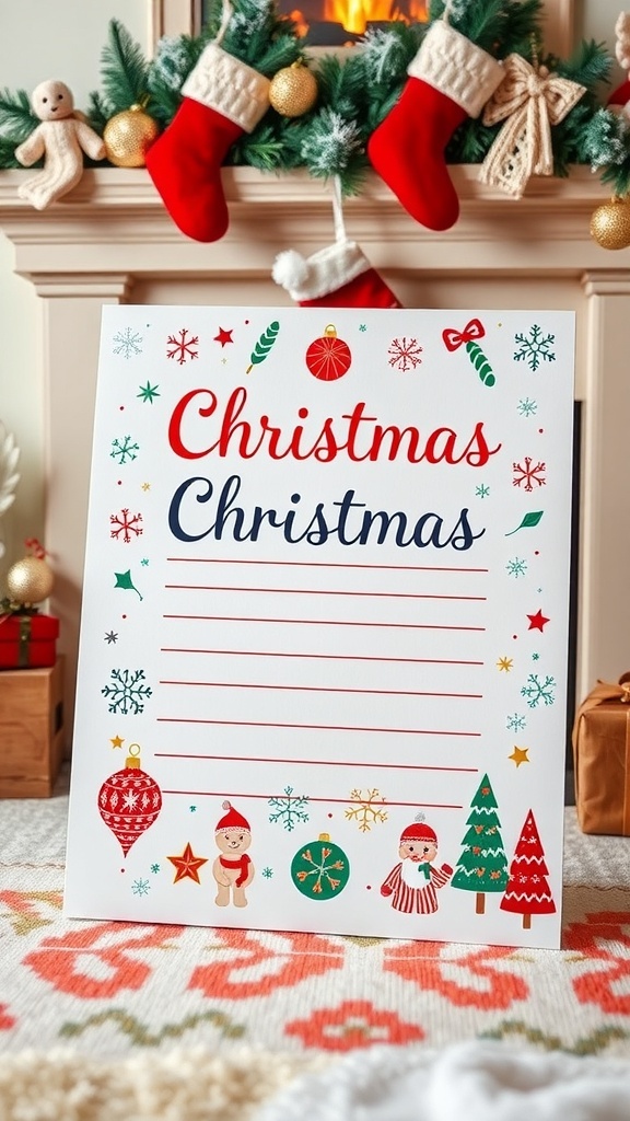 Christmas Wish List Letter Template A decorated Christmas wish list letter with holiday illustrations and a cozy fireplace in the background.